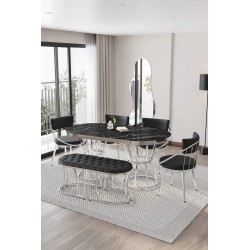 Turkuaz Serisi 80X140 Oval Gümüş Ayaklı Masa Takımı 6 Kişilik BENCHLİ - 2