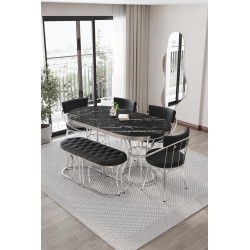 Turkuaz Serisi 80X140 Oval Gümüş Ayaklı Masa Takımı 6 Kişilik BENCHLİ - 3