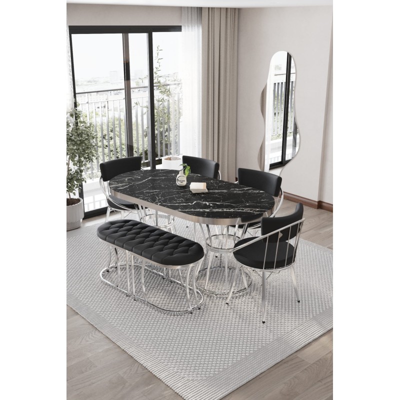 Turkuaz Serisi 90x160 Oval Gümüş Ayaklı Masa Takımı 6 Kişilik BENCHLİ - 3