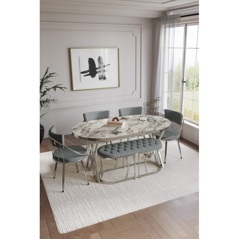 SELENİT OVAL GÜMÜŞ SERİSİ BENCHLİ MASA TAKIMI - 10