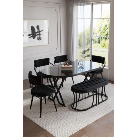 SELENİT OVAL SİYAH SERİSİ BENCHLİ MASA TAKIMI - 2