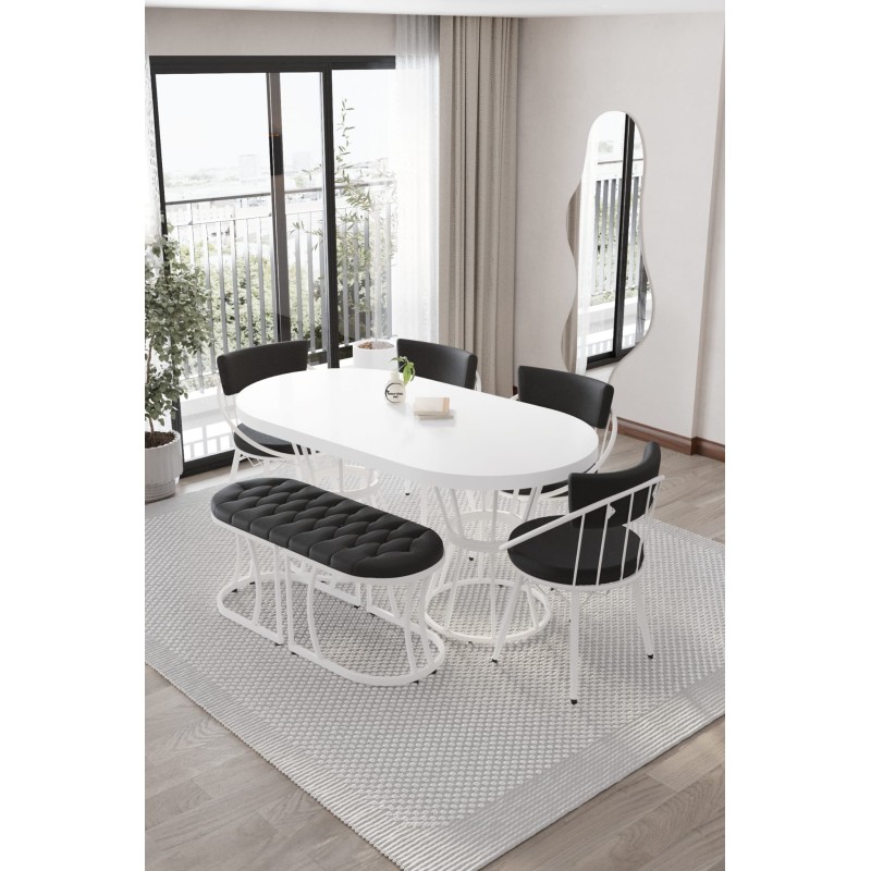 Turkuaz Oval Beyaz Kaplamalı Benchli Masa Takımı - 3