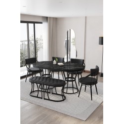 Turkuaz Oval Siyah Kaplamalı Benchli Masa Takımı - 4