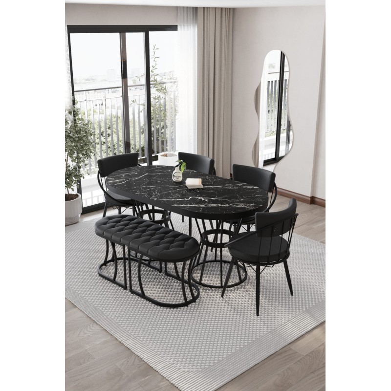 Turkuaz Oval Siyah Kaplamalı Benchli Masa Takımı - 5
