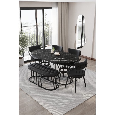 Turkuaz Oval Siyah Kaplamalı Benchli Masa Takımı - 5